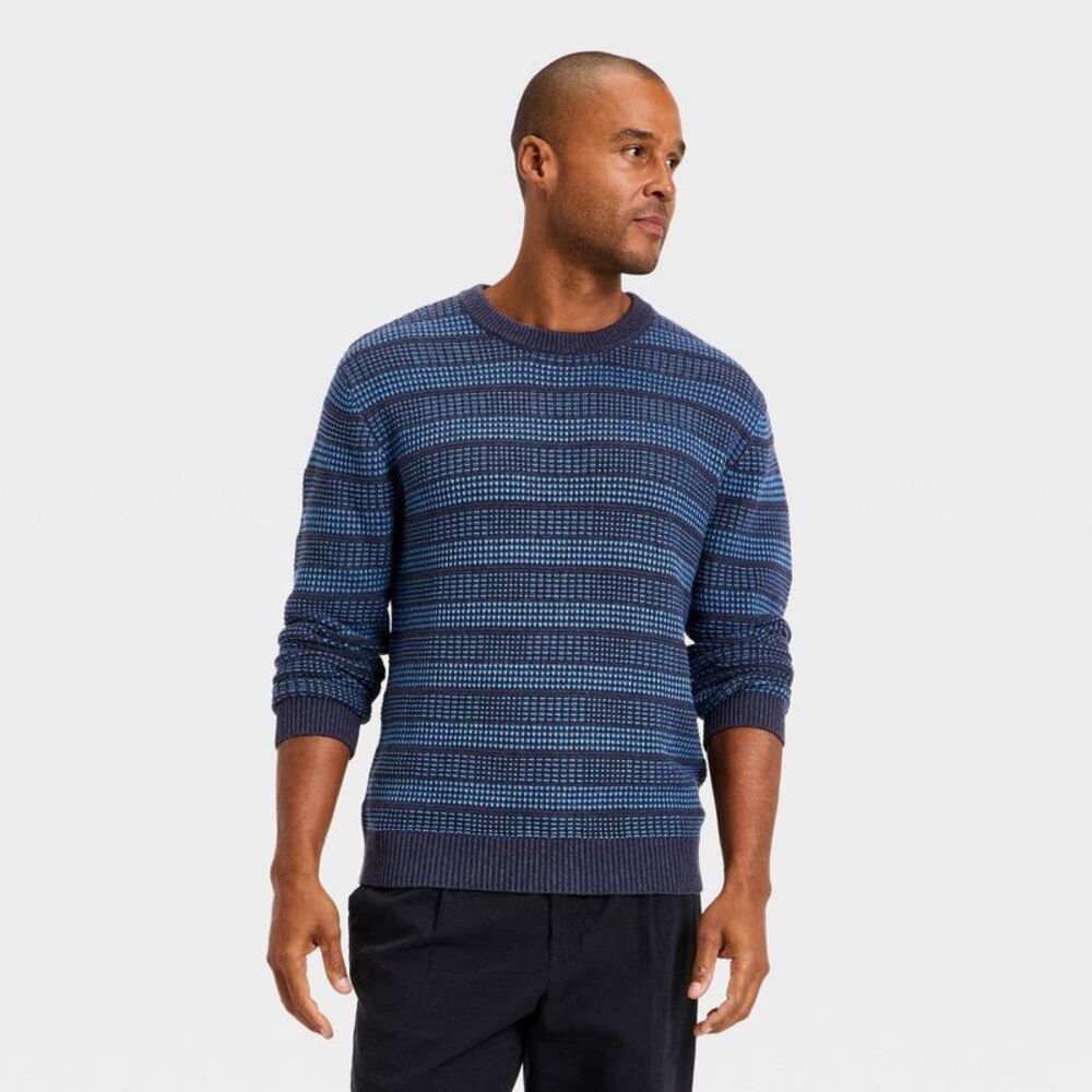 Men's Textured Crewneck Sweater - Goodfellow & Co Navy Blue Striped XL
